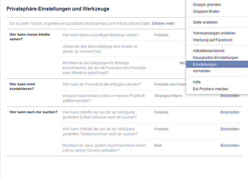 Screenshot: Privatsphäre einstellen bei Facebook