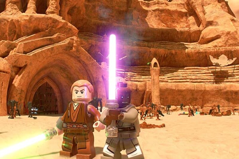 Screenshot aus dem Spiel "Lego Star Wars: The Skywalker Saga"; Bild: Warner Bros. Lego-Personen mit Lcihtschwertern