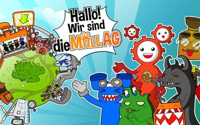 Figuren vor einem Planeten mit Aufschrift "Hallo! Wir sind die Müll-AG" aus dem Spiel "Die Müll-AG"; Bild: Bunny & Gnome GbR Figuren vor einem Planeten mit Aufschrift "Hallo! Wir sind die Müll-AG" aus dem Spiel "Die Müll-AG"; Bild: Bunny & Gnome GbR