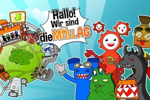 Figuren vor einem Planeten mit Aufschrift "Hallo! Wir sind die Müll-AG" aus dem Spiel "Die Müll-AG"; Bild: Bunny & Gnome GbR Figuren vor einem Planeten mit Aufschrift "Hallo! Wir sind die Müll-AG" aus dem Spiel "Die Müll-AG"; Bild: Bunny & Gnome GbR