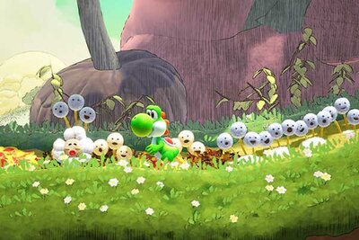Yoshi läuft auf einer Blumenwiese im Spiel "Yoshi and the Mysterious Book"; Bild: Nintendo