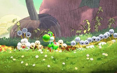 Yoshi läuft auf einer Blumenwiese im Spiel "Yoshi and the Mysterious Book"; Bild: Nintendo Yoshi läuft auf einer Blumenwiese.