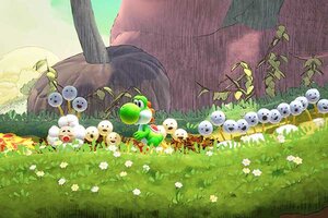 Yoshi läuft auf einer Blumenwiese.