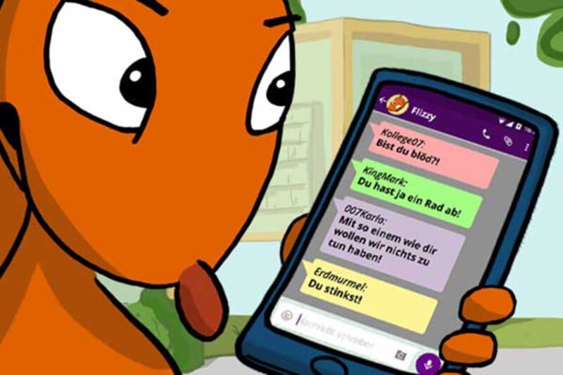 Flizzy liest Chatnachrichten auf seinem Handy; Bild: Internet-ABC Flizzy liest Chatnachrichten auf seinem Handy