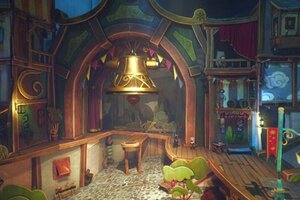 Theatralischer Raum mit großer Glocke im Spiel "Once Upon a Puppet"; Bild: Daedalic Entertainment Theatralischer Raum mit großer Glocke im Spiel "Once Upon a Puppet"; Bild: Daedalic Entertainment