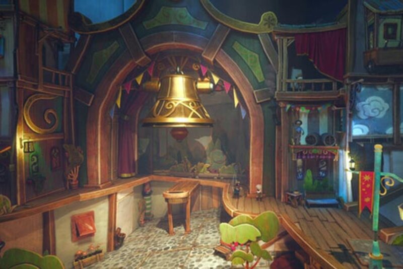 Theatralischer Raum mit großer Glocke im Spiel "Once Upon a Puppet"; Bild: Daedalic Entertainment