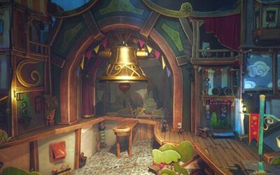 Theatralischer Raum mit großer Glocke im Spiel "Once Upon a Puppet"; Bild: Daedalic Entertainment Theatralischer Raum mit großer Glocke im Spiel "Once Upon a Puppet"; Bild: Daedalic Entertainment