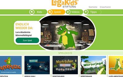 Screenshot der Seite www.legakids.net/kids/spiele/ mit einem Drachen