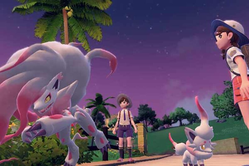 Screenshot aus dem Spiel "Pokémon Karmesin"; Bild: Nintendo Pokémon bei Nacht.