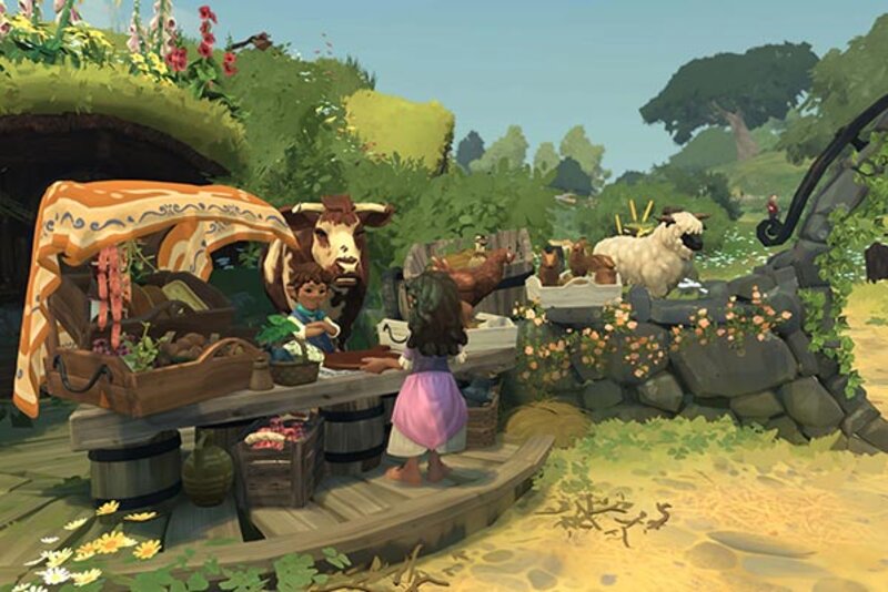 Marktstand mit Kuh, Hühnern und Schaf im Spiel "Tales of the Shire"; Bild: Private Division