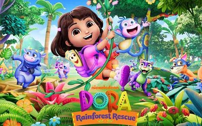 Dora und ihr Affe schwingen mit einer Liane.