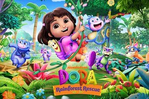 Dora und ihr Affe schwingen mit einer Liane.