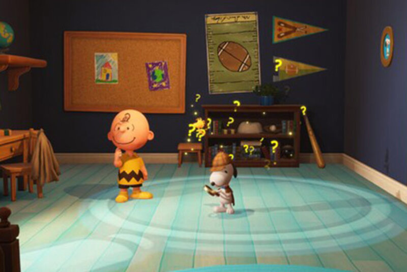 Snoopy sucht mit Charlie Brown und Woodstock nach Hinweisen.