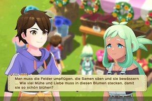 Ein Junge und eine Frau unterhalten sich über Blumen.