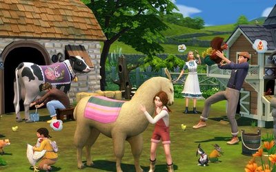 Sims mit Pferden vor dem Stall