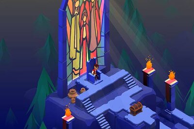 Figur auf einem Thron vor Buntglas im Spiel "Aarik and the Ruined Kingdom"; Bild: Shatterproof Games