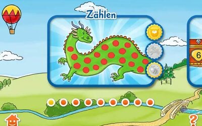 Man sieht einen grüner Drache mit roten Punkten.