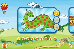Drache mit roten Punkten im Spiel "Conni Mathe 1. Klasse"; Bild: Carlsen Verlag Man sieht einen grüner Drache mit roten Punkten.