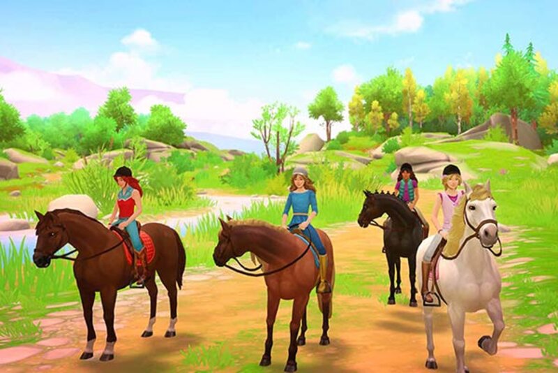 Screenshot aus dem Spiel "Horse Club Adventures"; Bild: Wild River Games Eine Gruppe von Freunden mit Pferden beim Ausritt