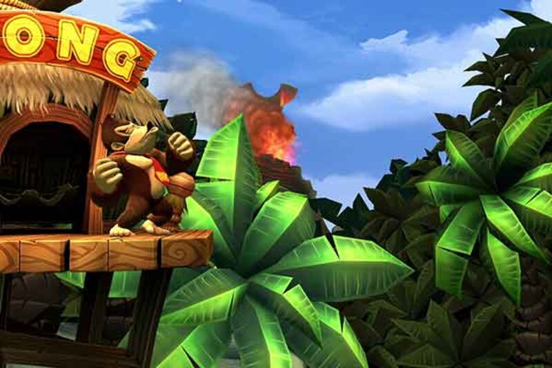 Donkey Kong schlägt die Fäuste gegen seine Brust und ruft in den Dschungel im Spiel "Donkey Kong Country Returns HD"; Bild: Nintendo Donkey Kong steht auf einer erhöhten Plattform und schlägt die Fäuste gegen die Brust, während er in den Dschungel im Hintergund ruft. Spiel: "Donkey Kong Country Returns HD"; Bild: Nintendo