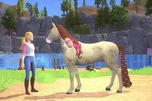 Barbie und ihr Pferd auf einer Koppel.