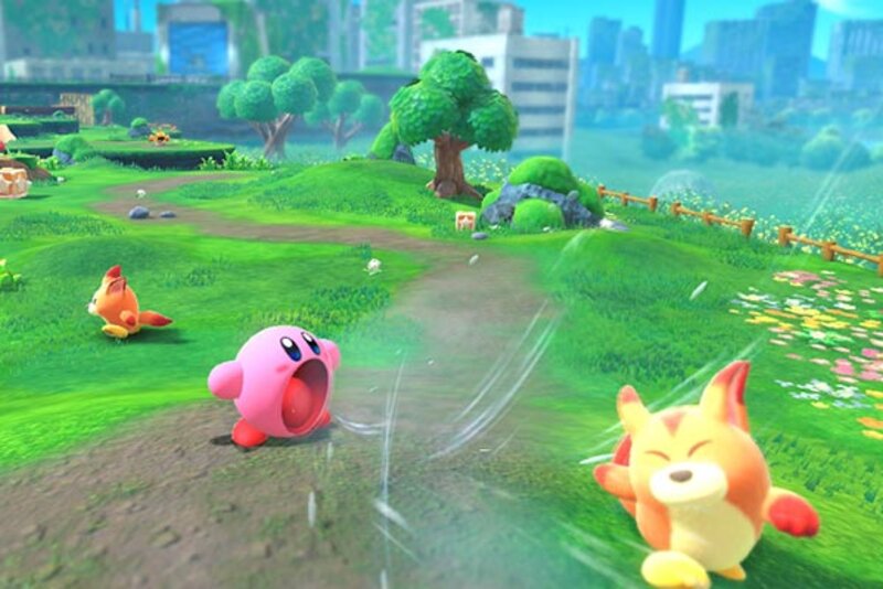 Screenshot aus dem Spiel "Kirby und das vergessene Land"; Bild: Nintendo Szene auf einer Wiese