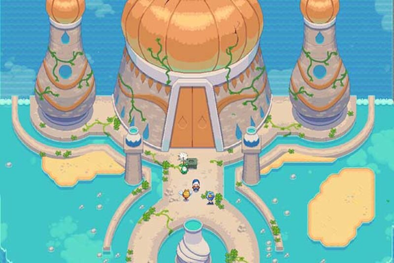 Figuren stehen vor großem Gebäude im Spiel "Moonstone Island"; Bild: Raw Fury Figuren stehen vor großem Gebäude im Spiel "Moonstone Island"; Bild: Raw Fury