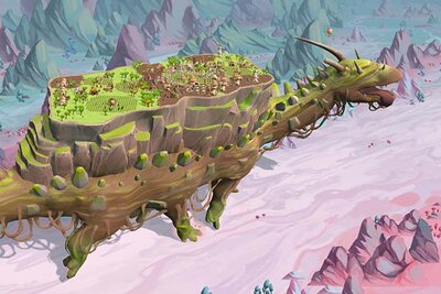 Dorf auf einem wandernden Tier im Spiel "The Wandering Village"; Bild: Stray Farm Dorf auf einem wandernden Tier im Spiel "The Wandering Village"; Bild: Stray Farm