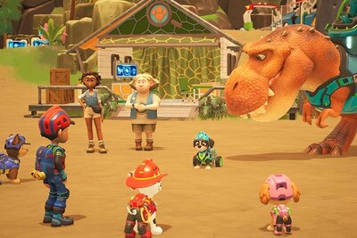 Welpen stehen bei einem Dino im Spiel "PAW Patrol™ Helfer auf vier Pfoten: Dinowelt"; Outright Games Welpen stehen bei einem Dino im Spiel "PAW Patrol™ Helfer auf vier Pfoten: Dinowelt"; Outright Games
