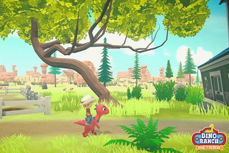 Ein Junge reitet auf einem Dino im Spiel "Dino Ranch – Rettungsaktion"; Bild: Microids