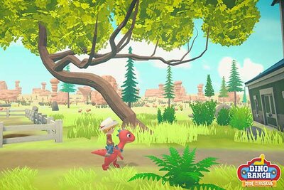 Ein Junge reitet auf einem Dino im Spiel "Dino Ranch – Rettungsaktion"; Bild: Microids