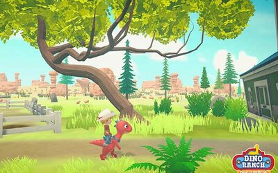 Ein Junge reitet auf einem Dino im Spiel "Dino Ranch – Rettungsaktion"; Bild: Microids