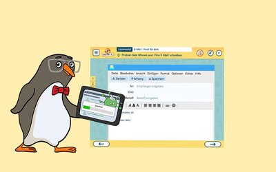 Eddie mit Tablet vor einem Lernmodul; Bild: Internet-ABC