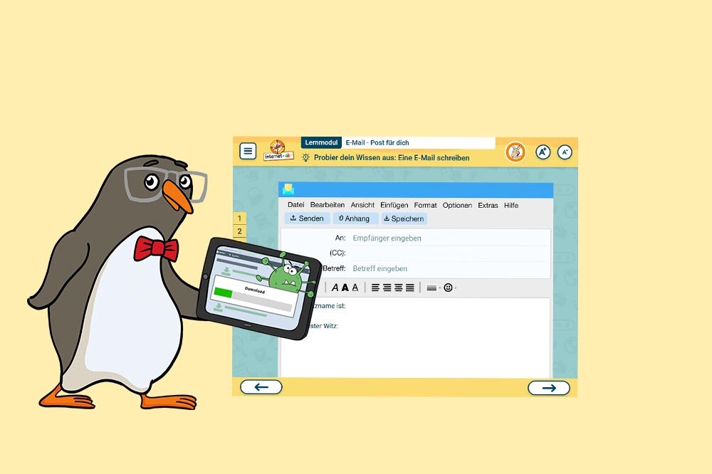 Eddie mit Tablet vor einem Lernmodul; Bild: Internet-ABC