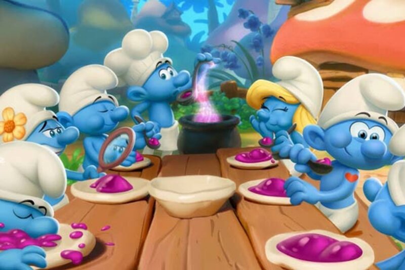 Die Schlümpfe gemeinsam am Esstisch im Spiel "Die Schlümpfe: Abenteuer im Traumland"; Bild: Microids