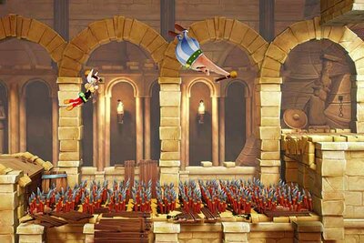 Asterix und Obelix springen über Römer im Spiel "Asterix & Obelix - Mission Babylon"; Bild: Microids Asterix und Obelix springen über Römer im Spiel "Asterix & Obelix - Mission Babylon"; Bild: Microids
