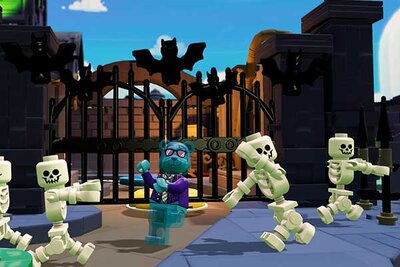 Bär mit Sonnenbrille vor einem Fledermaustor im Spiel "LEGO® Party!"; Bild: Fictions