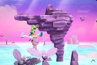 Yoshi steht auf einer fliegenden Möwe im Spiel "Yoshi and the Mysterious Book"; Bild: Nintendo