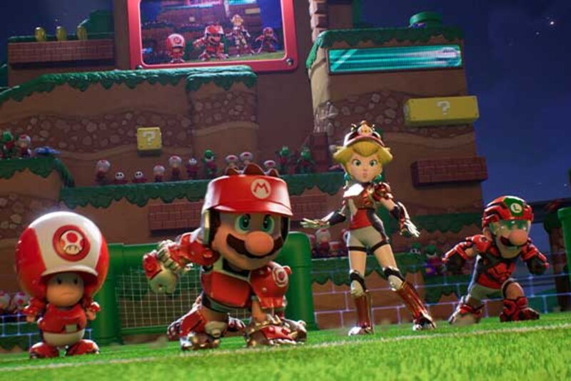 Screenshot aus dem Spiel "Mario Strikers: Battle League Football"; Bild: Nintendo Mario und seine Freunde auf dem Fußballplatz