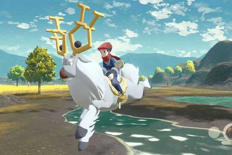Screenshot aus dem Spiel "Pokémon-Legenden: Arceus"; Bild: Nintendo Sprung über einen Fluss auf einem Pokémon.
