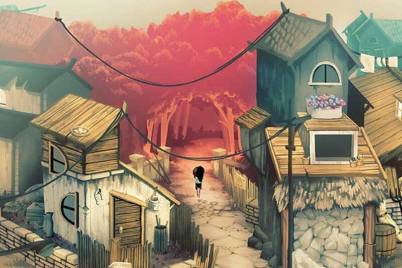 Screenshot aus dem Spiel "Children of Silentown "; Bild: daedalic Spielfigur auf dem Weg in den Wald.