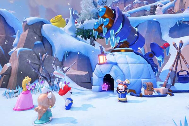 Screenshot aus dem Spiel "Mario & Rabbids: Sparks of Hope"; Bild: Ubisoft Spielfiguren vor einem Iglu.