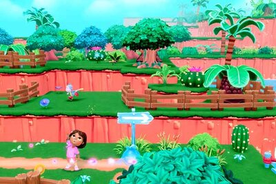 Dora und der Affe erkunden den Dschungel im Spiel "Dora™: Regenwald in Gefahr"; Bild: Outright Games