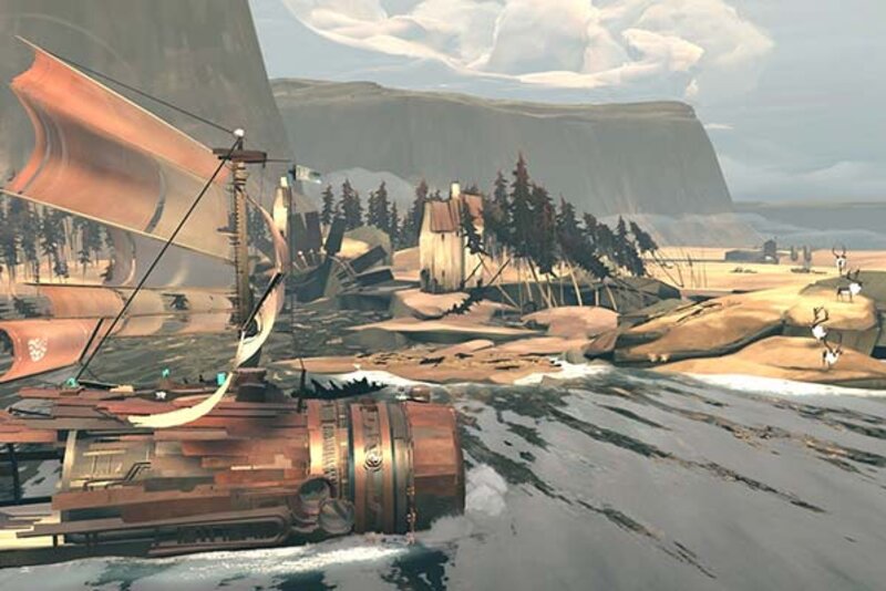 Screenshot aus dem Spiel "FAR: Changing Tides"; Bild: Frontier Developments Ein Schiff am Ufer.