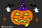 Halloween-Kürbis mit Gespenstern, Hexenbesen und Fackeln; Bild: Internet-ABC