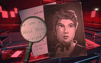 Notiz und Foto einer Figur wird mit einer Lupe angeschaut.