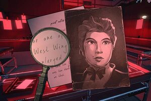 Hinweise suchen im Spiel "Blue Prince"; Bild: Raw Fury Notiz und Foto einer Figur wird mit einer Lupe angeschaut.