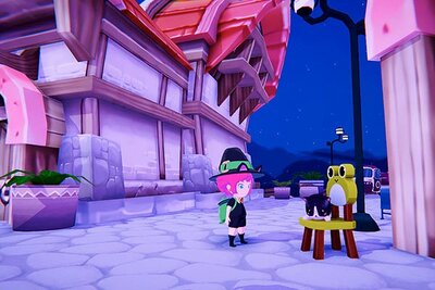 Die Hexe Mika steht vor einem großen Haus im Spiel "Mika and the Witch's Mountain"; Bild: Chibig