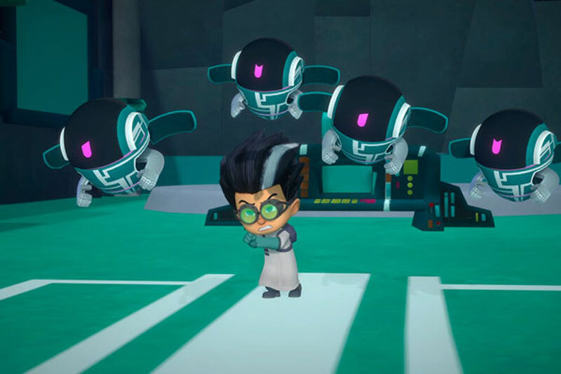 Screenshot aus dem Spiel "PJ Masks: Helden der Nacht"; Bild: Namco Bandai spannende Szene mit vielen Robotern
