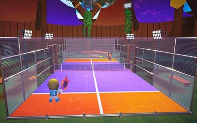 Figuren spielen Paddle im Spiel "Instant Sports 2"; Bild: Maximum Entertainment France Figuren spielen auf einem rot-lilanen Feld Paddle.